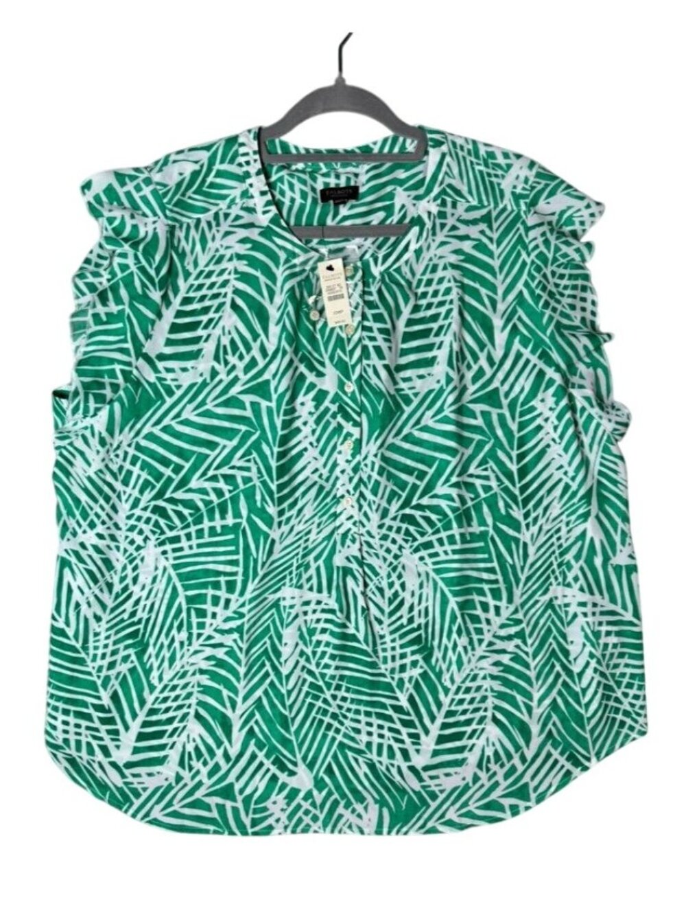 Talbots Woman Petites 22WP Tropical Palm Print Ruffle Sleeve Blouse NWT